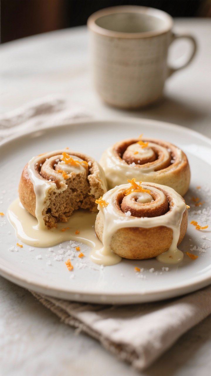 Final dish presentation: Beautifully plated teff cinnamon rolls swirled with a creamy cream-cheese v