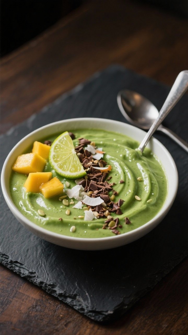 Final dish presentation: Beautifully plated Tropical Green Smoothie Bowl with a luxurious, glossy su