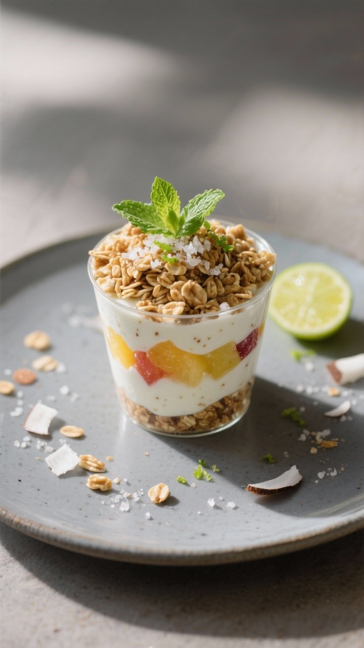 Final dish presentation: Beauty plate of a single Tropical Fruit Yogurt Granola Cup styled for servi