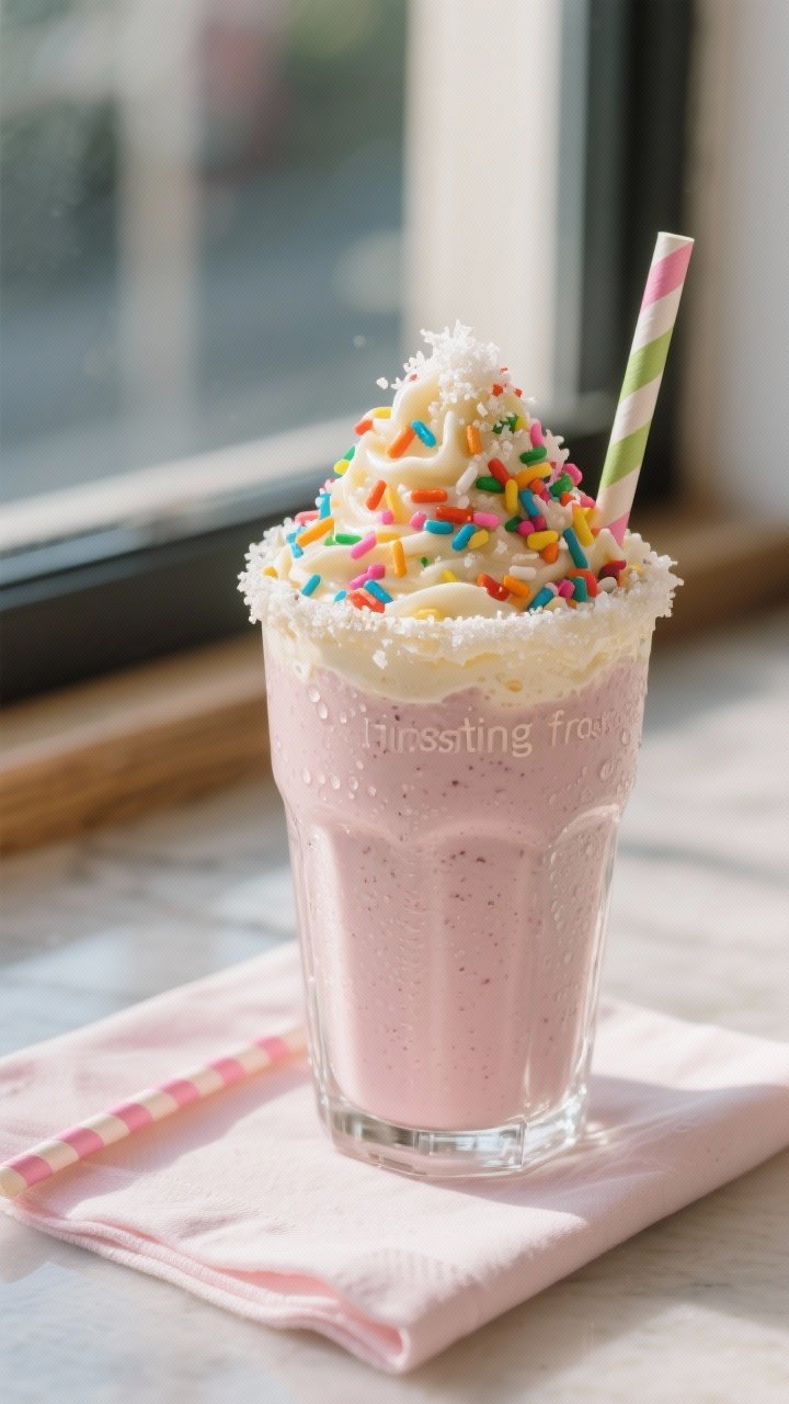 Final dish presentation: Birthday Cake Smoothie poured into a chilled clear glass, topped generously