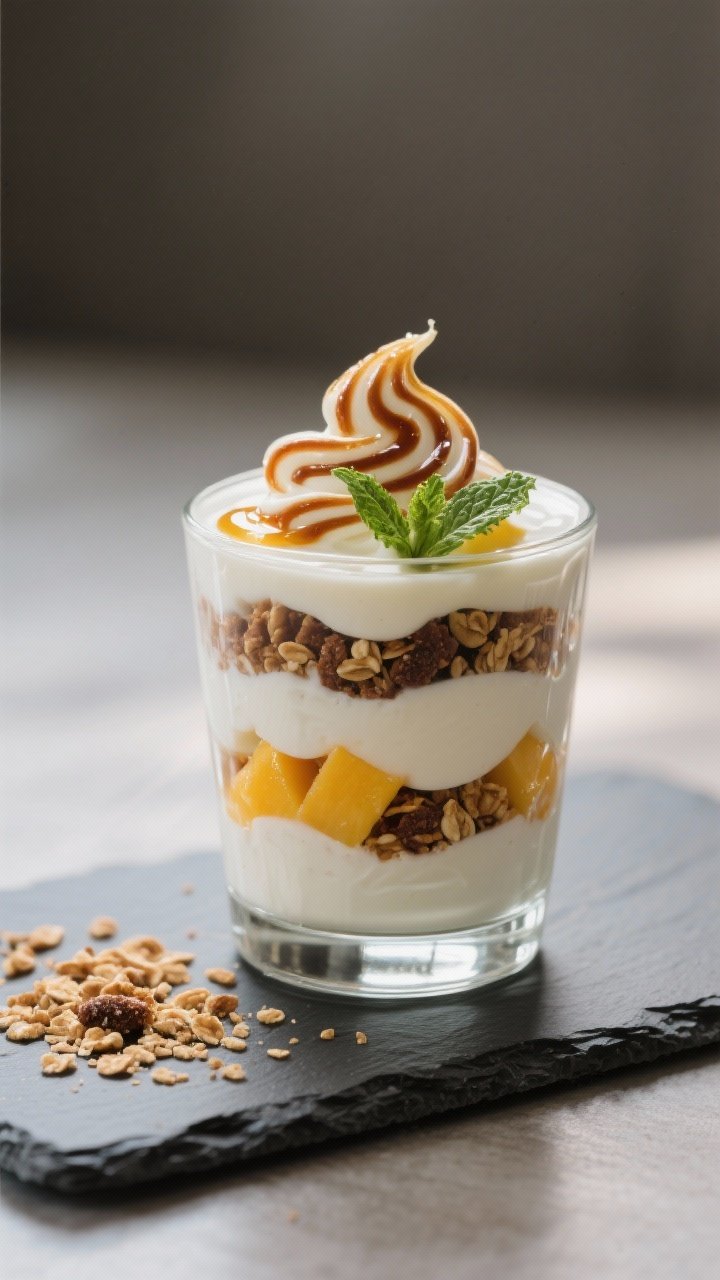 Final dish presentation: Café-style parfait layering—transparent glass filled in neat layers of y