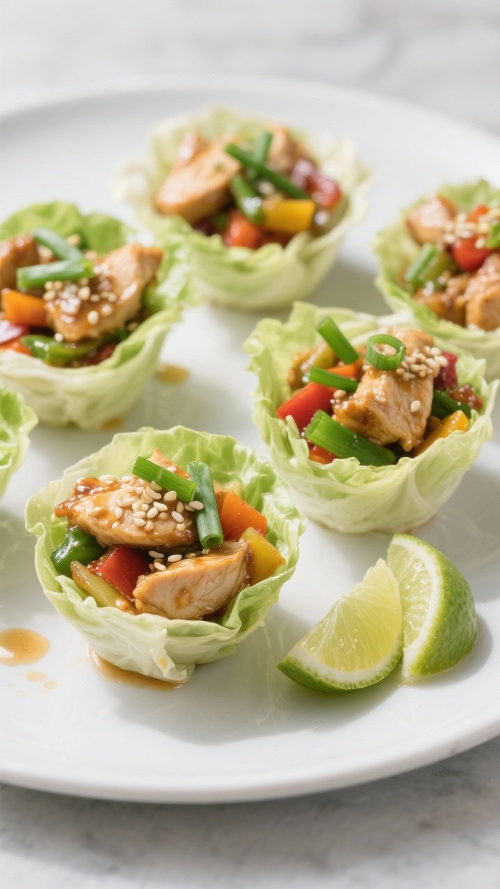 Final dish presentation: Chicken & Veggie Stir-Fry Cups assembled in butter lettuce leaves on a matt