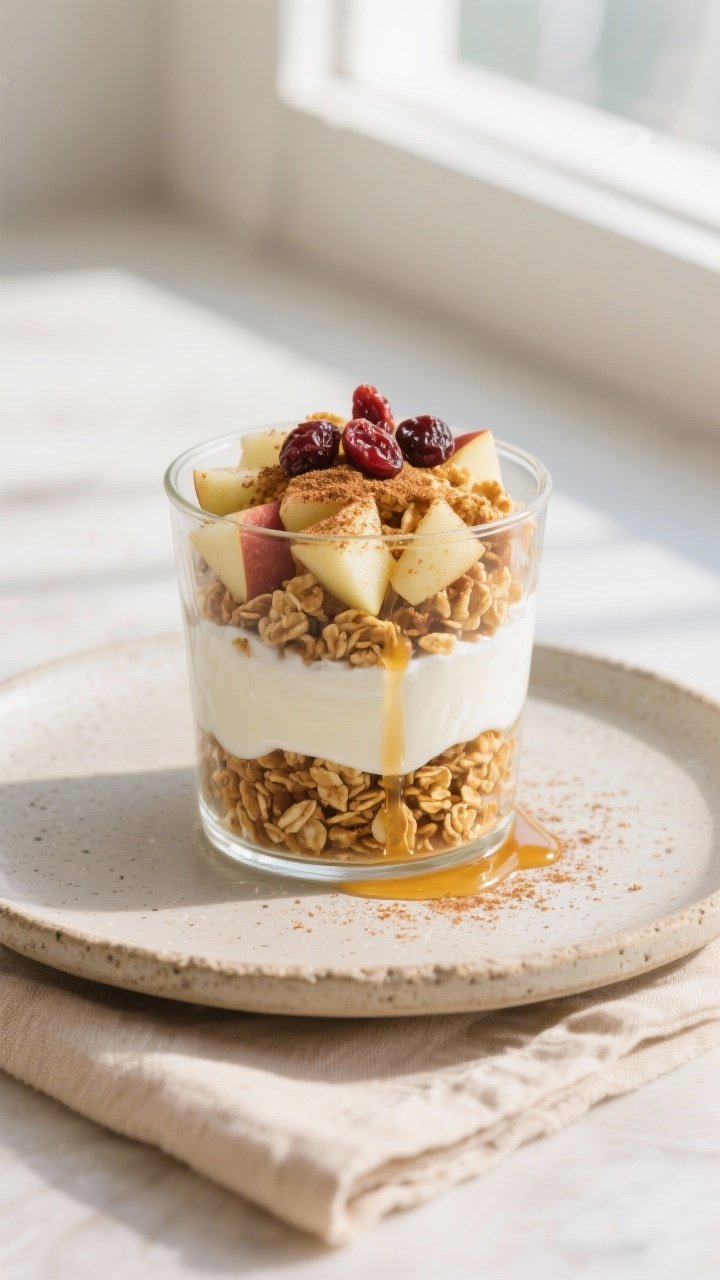Final dish presentation: Cinnamon Apple Yogurt Crunch layered in a clear glass parfait, showing dist