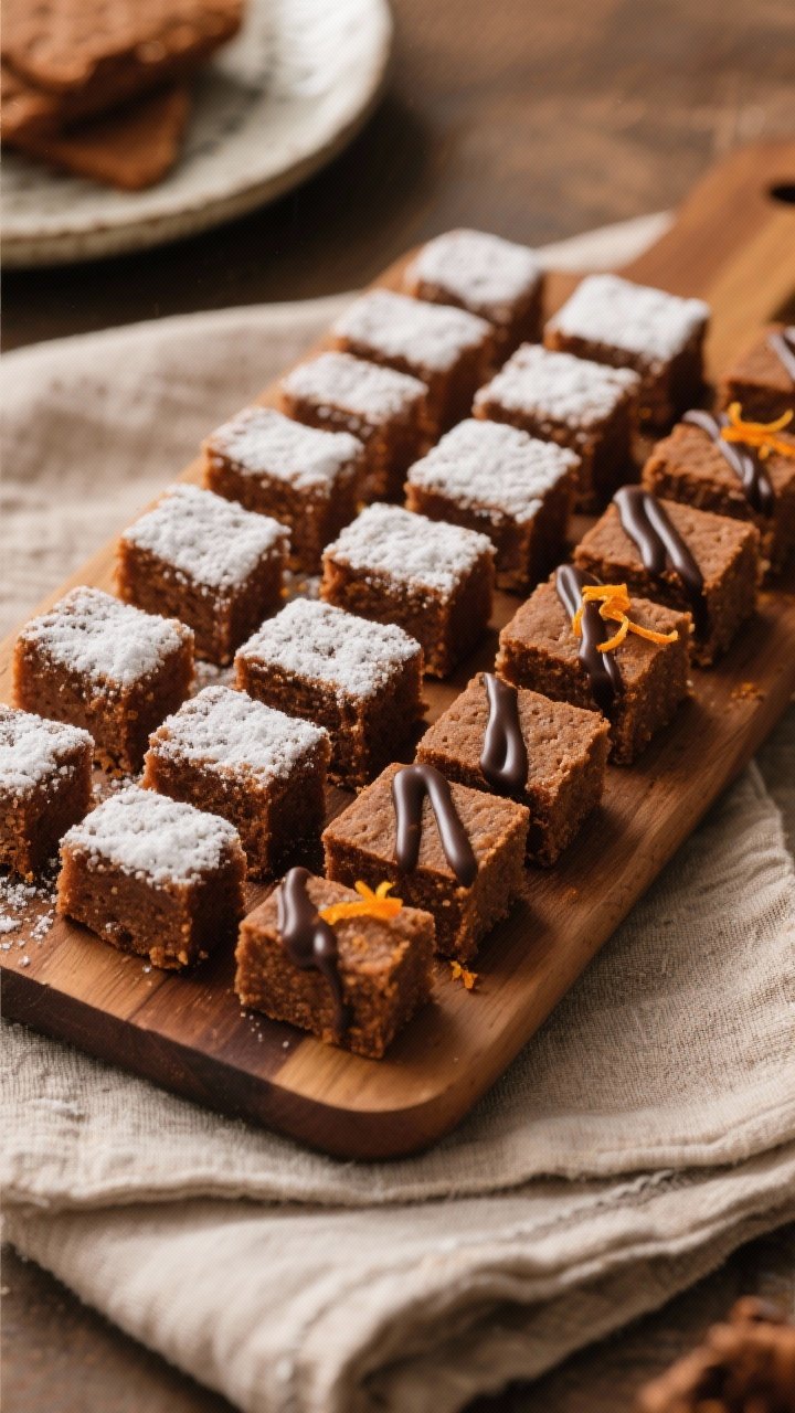 Final dish presentation: Elegant dessert board with neatly cut 1-inch spelt gingerbread bites arrang