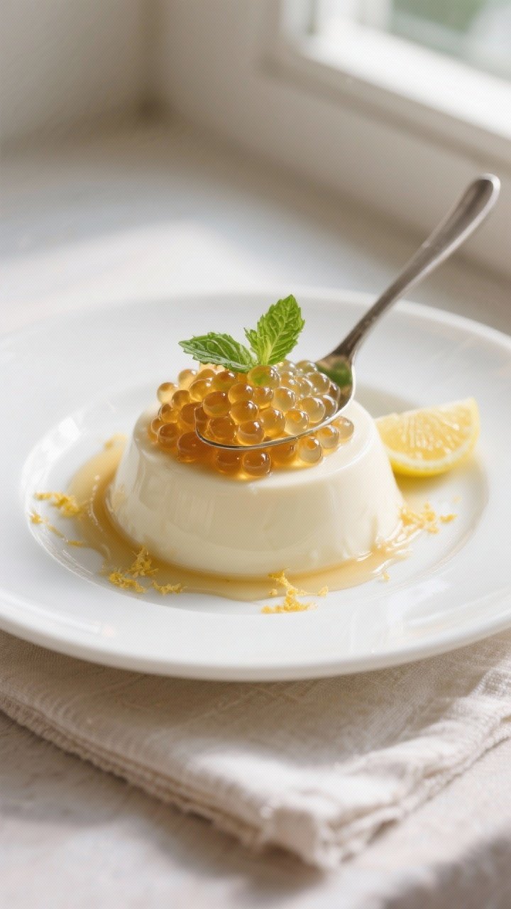 Final dish presentation: Elegant dessert plate of vanilla panna cotta topped with a generous spoonfu