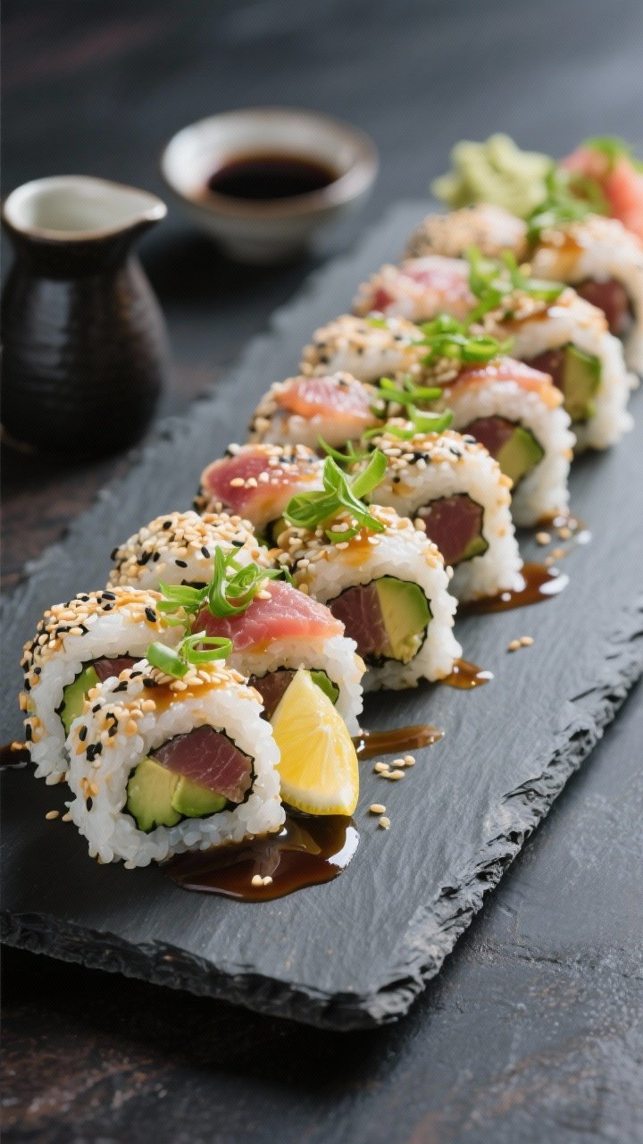 Final dish presentation: Elegant platter of tuna & avocado uramaki (inside-out rolls) with sesame-co