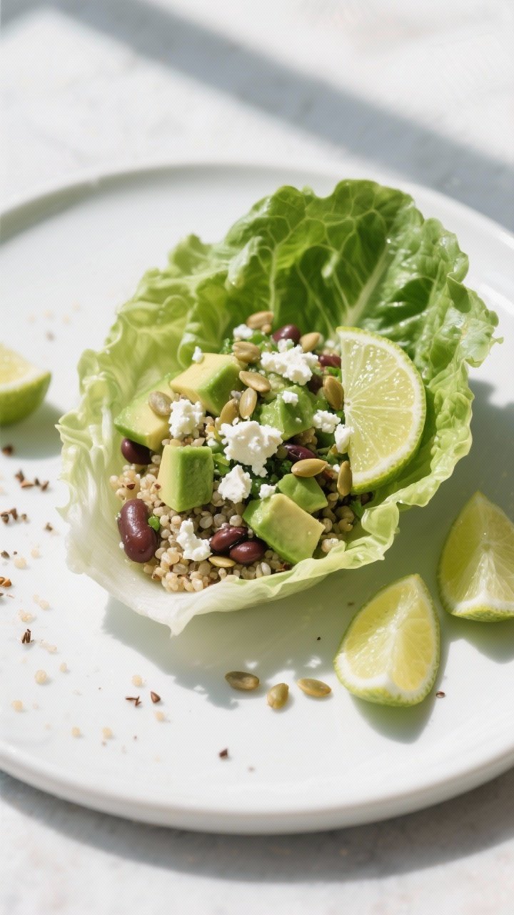 Final dish presentation: Lettuce cups neatly filled with the quinoa & bean salad, topped with diced 