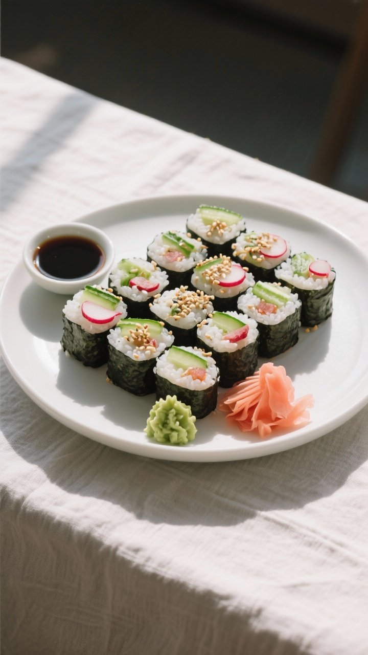 Final dish presentation: Overhead platter of finished Radish & Cucumber Sushi Rolls arranged in a ne