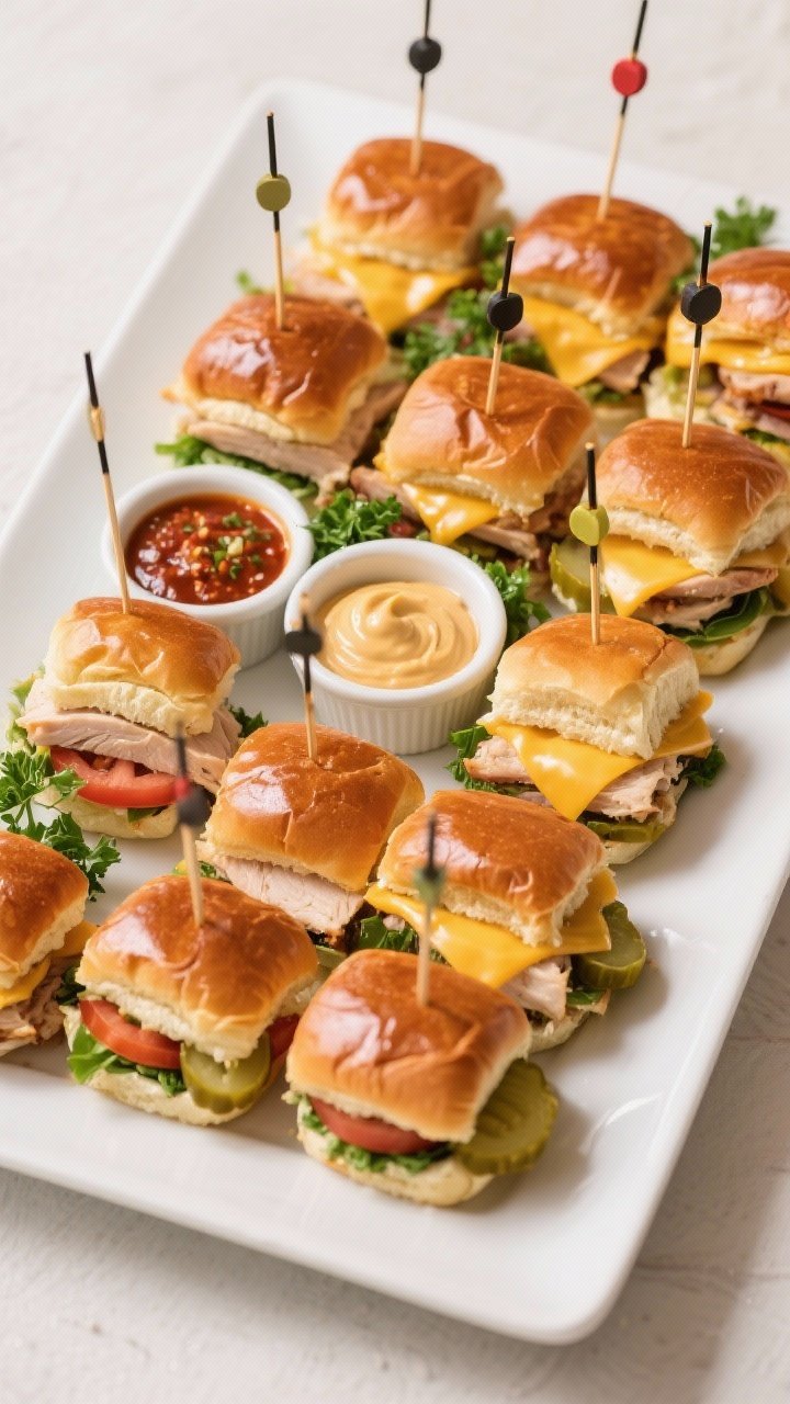 Final dish presentation: Party platter of finished Turkey & Veggie Sliders arranged in a tight grid 