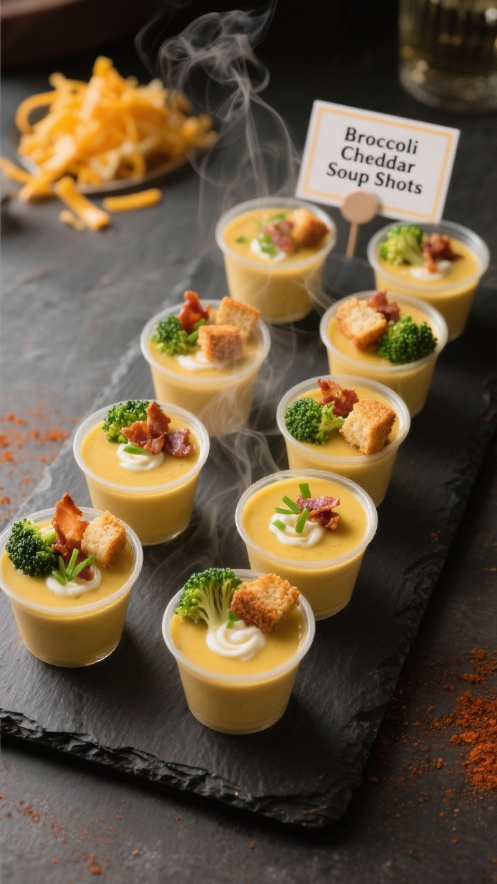 Final dish presentation: Party-ready tray of broccoli cheddar soup shots arranged in neat rows on a 