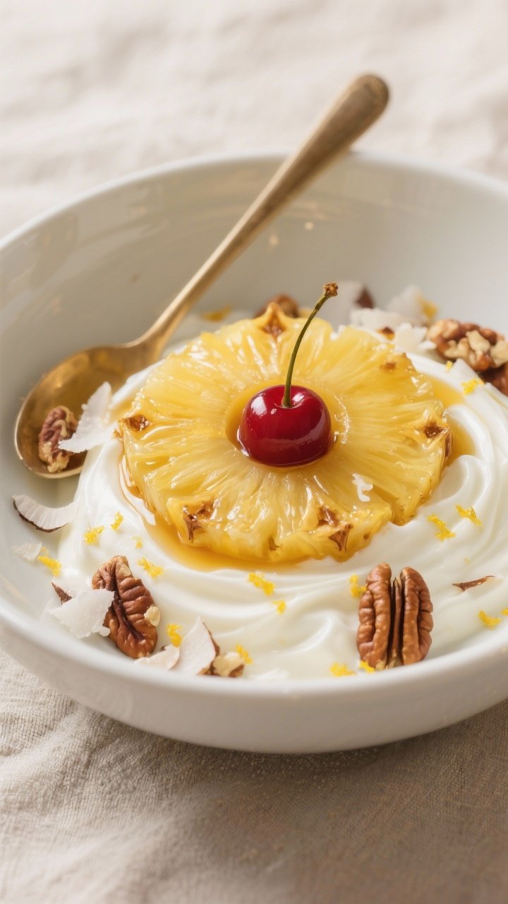 Final dish presentation: Pineapple Upside-Down Yogurt bowl served in a white ceramic bowl—thick Gr