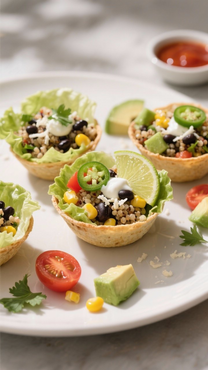 Final dish presentation: Quinoa & Black Bean Salad Cups neatly spooned into crisp romaine leaves and