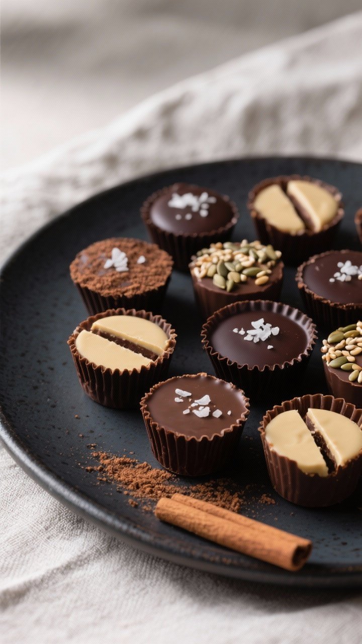Final dish presentation: Restaurant-quality arrangement of assorted seed butter chocolate cups on a 
