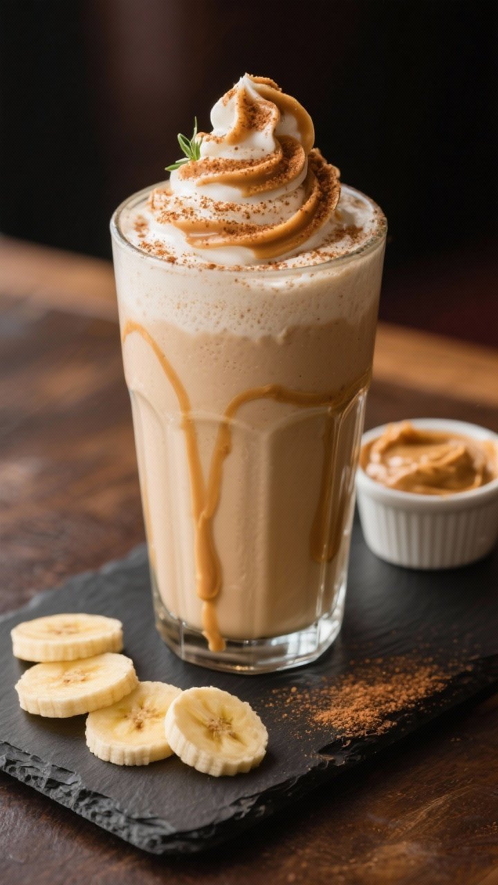 Final dish presentation: Restaurant-quality hero shot of a single Peanut Butter Banana Shake styled 