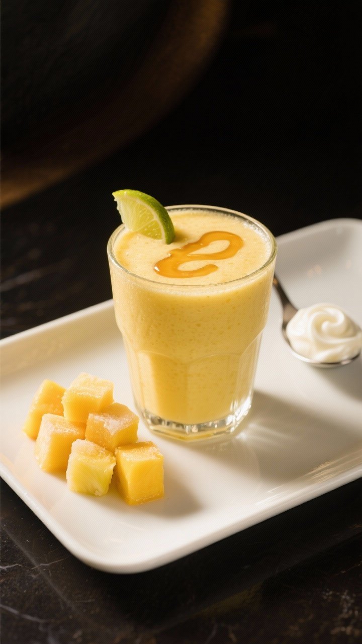 Final dish presentation: Restaurant-quality hero shot of a single Mango Pineapple Paradise smoothie 