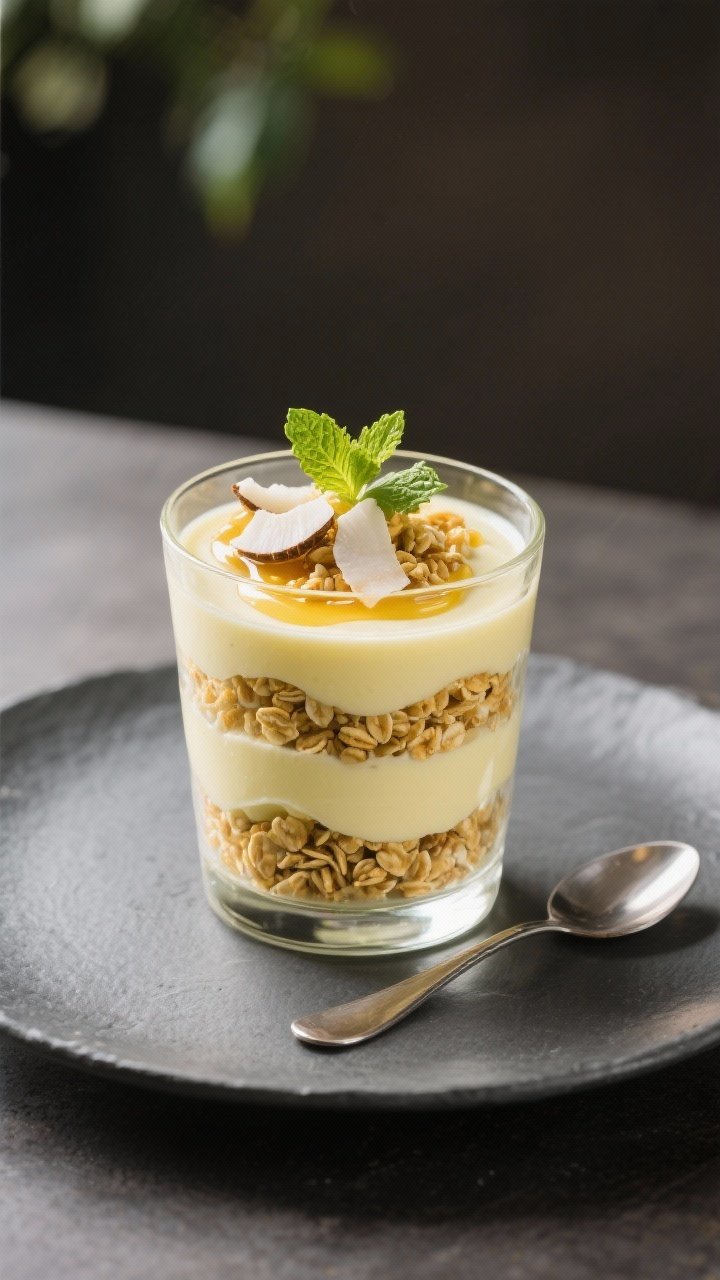 Final dish presentation: Restaurant-quality parfait of mild durian yogurt layered with crunchy grano
