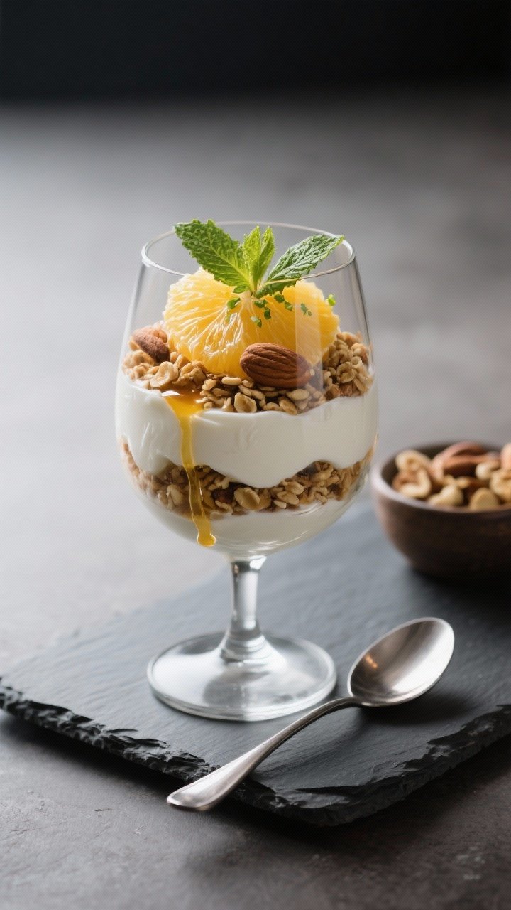 Final dish presentation: Restaurant-quality parfait served in a stemless wine glass, perfectly defin