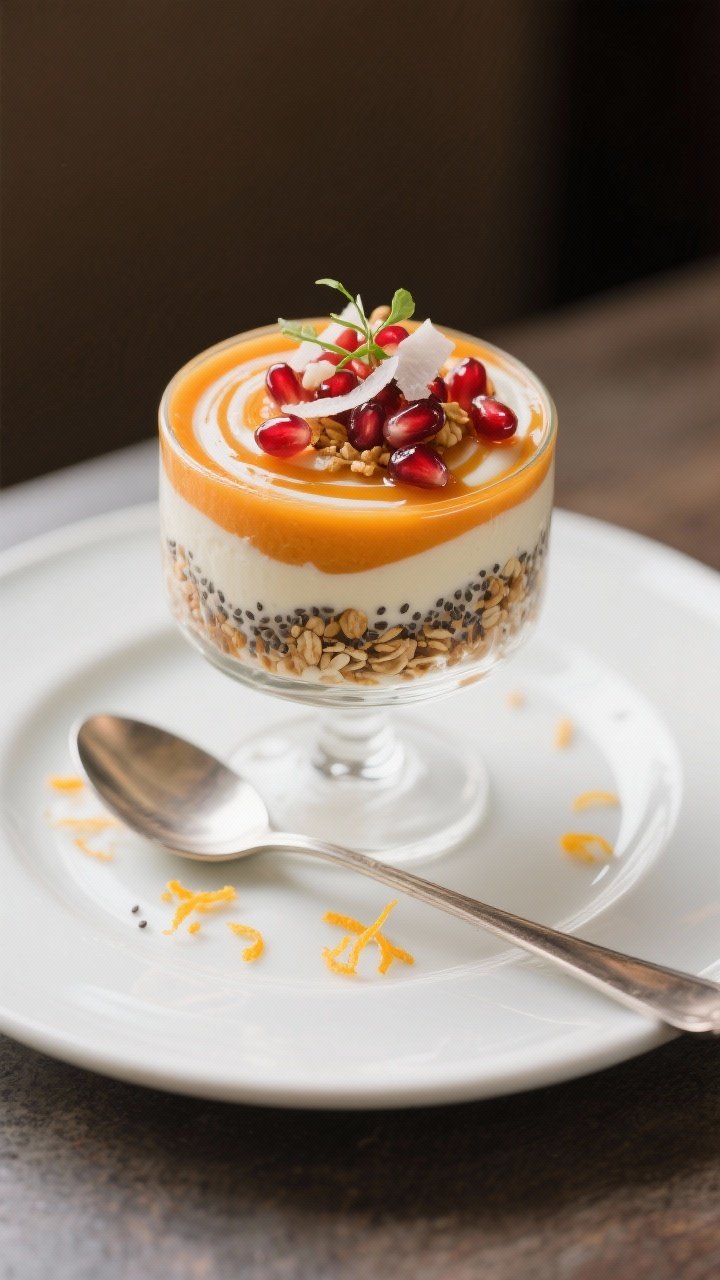Final dish presentation: Restaurant-quality parfait-style persimmon yogurt pudding layered with a th