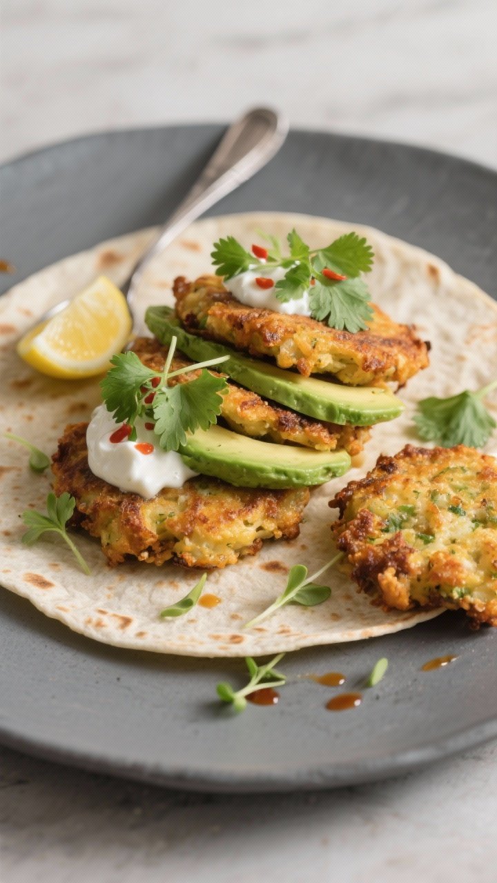 Final dish presentation: Restaurant-quality plate of three stacked fritters tucked into a warm flour