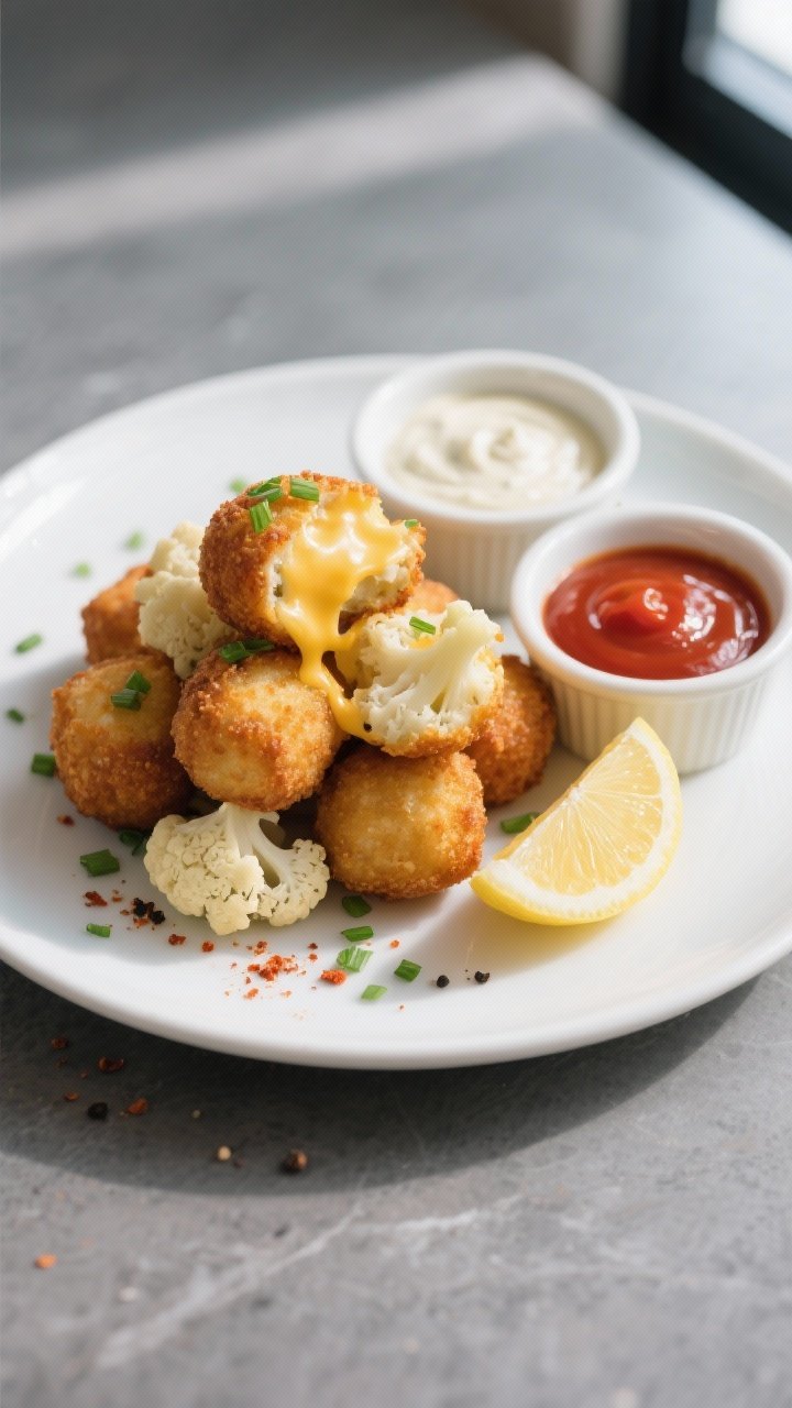 Final dish presentation: Restaurant-quality plate of cauliflower & cheese tots stacked casually on a