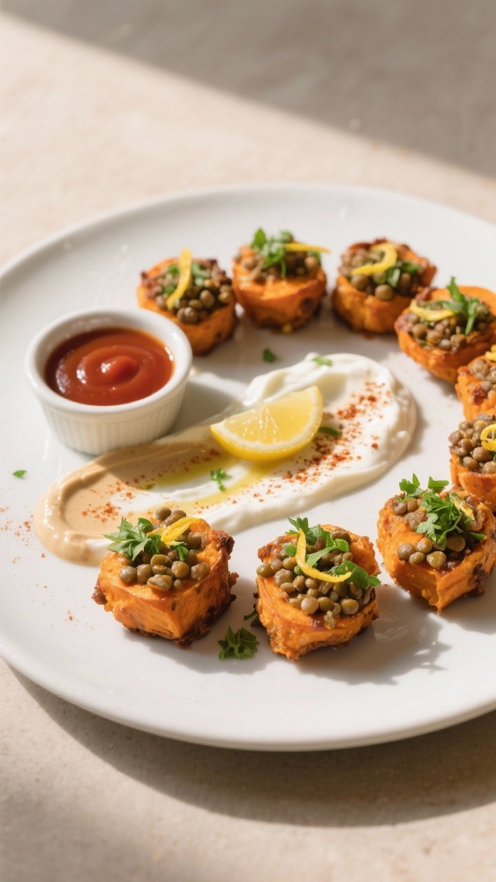 Final dish presentation: Restaurant-quality plate of Sweet Potato & Lentil Bites arranged in a loose