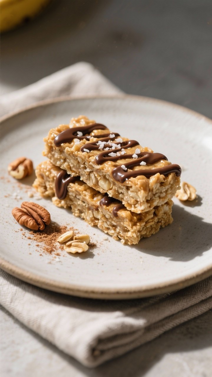 Final dish presentation: Restaurant-quality plate with two chilled peanut butter banana oat bars sta