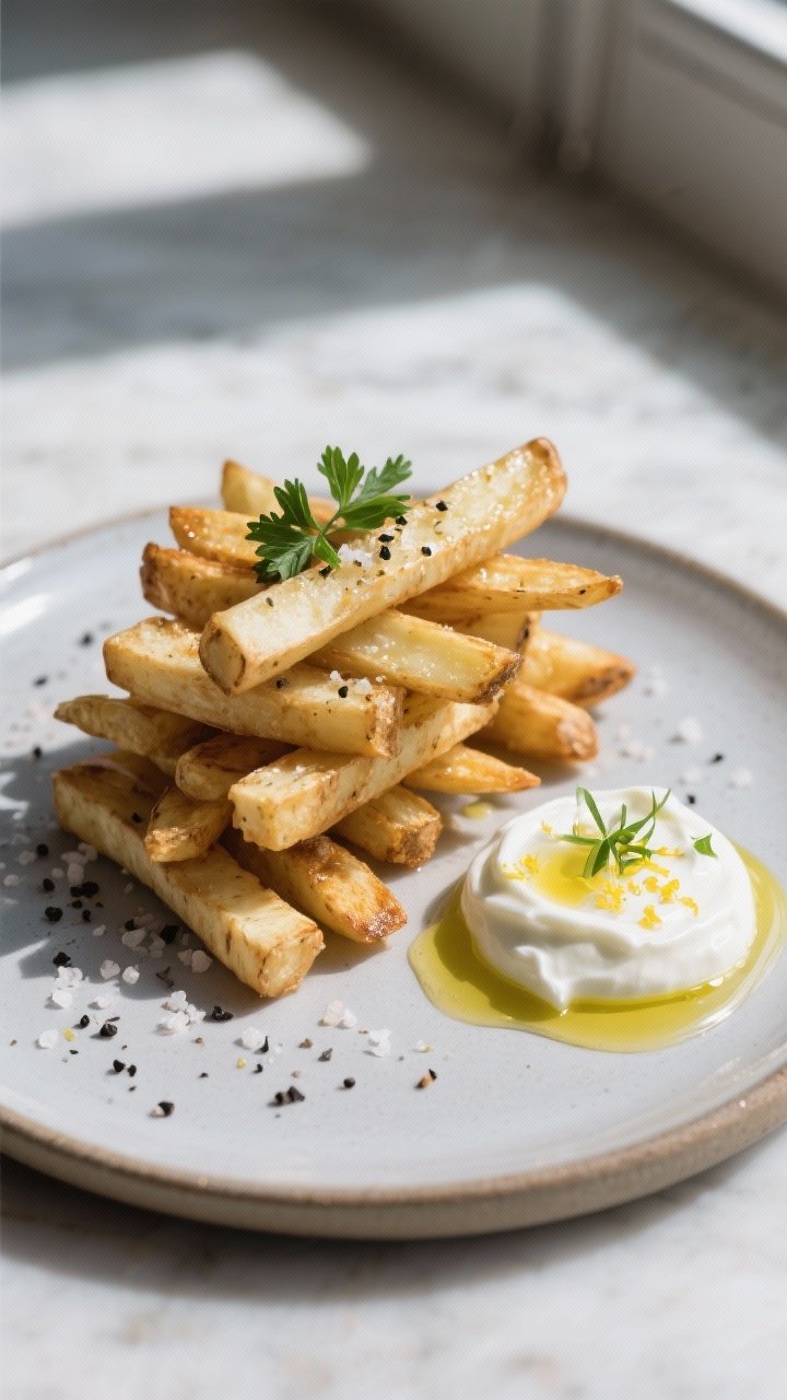 Final dish presentation: Restaurant-quality plate of parsnip fries stacked neatly, glistening with o
