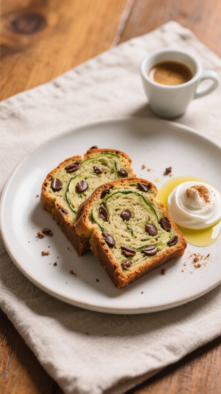 Final dish presentation: Restaurant-quality plate-up of two thick slices of chocolate chip zucchini 