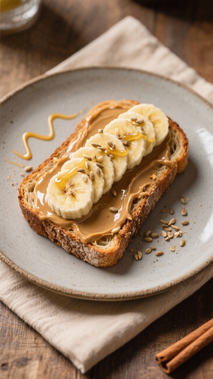 Final dish presentation: Restaurant-quality plated Peanut Butter Banana Toast on rustic sourdough, e