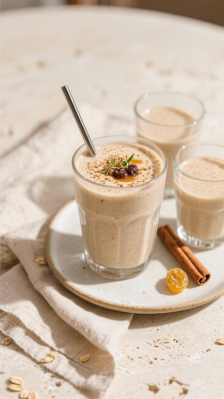 Final dish presentation: Restaurant-quality plated scene of the finished Oatmeal Raisin Smoothie ser