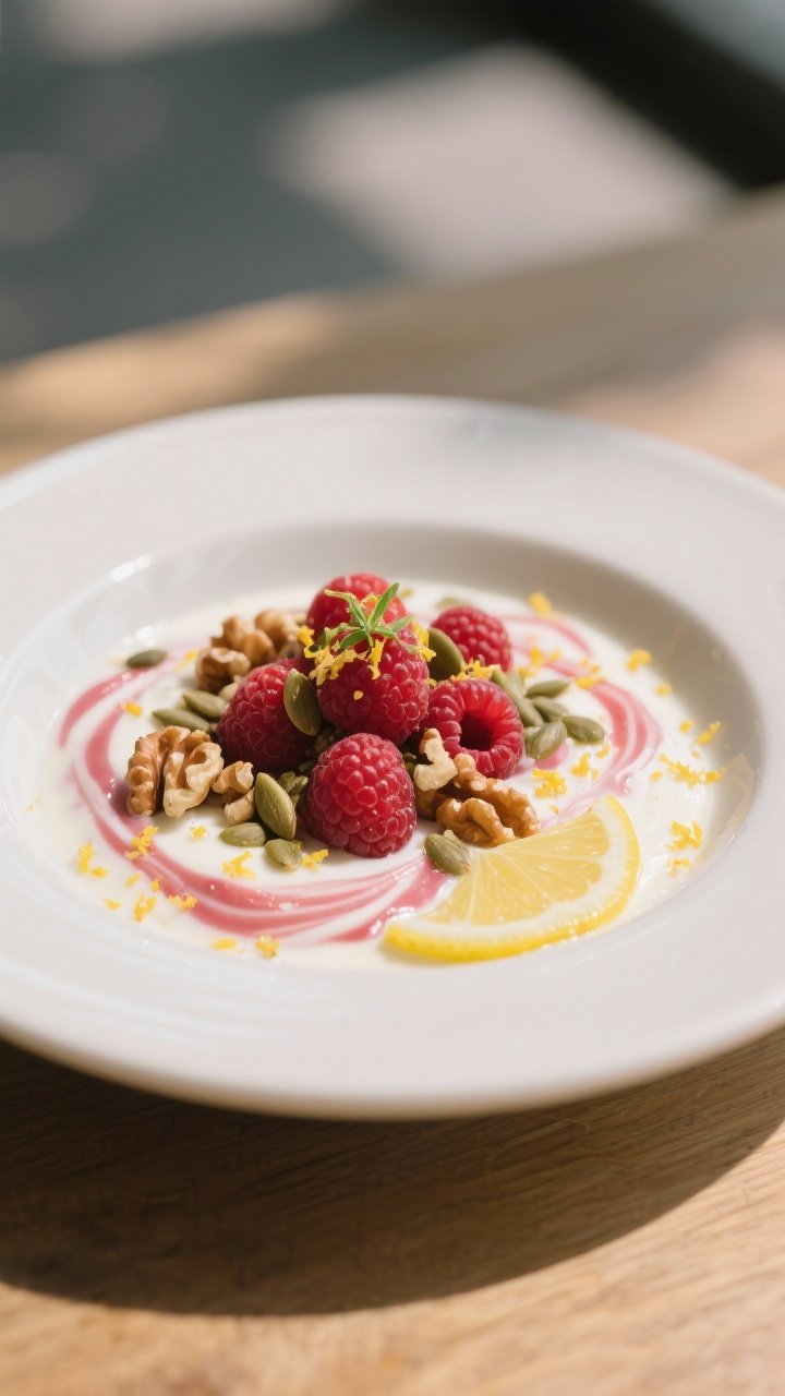 Final dish presentation: Restaurant-quality plated yogurt bowl styled for brunch—silky yogurt with