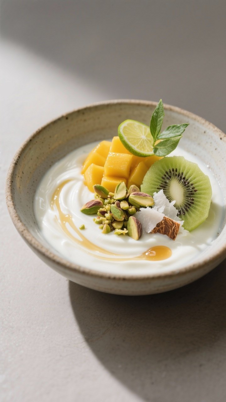 Final dish presentation: Restaurant-quality plated yogurt bowl with a composed, modern look—silky