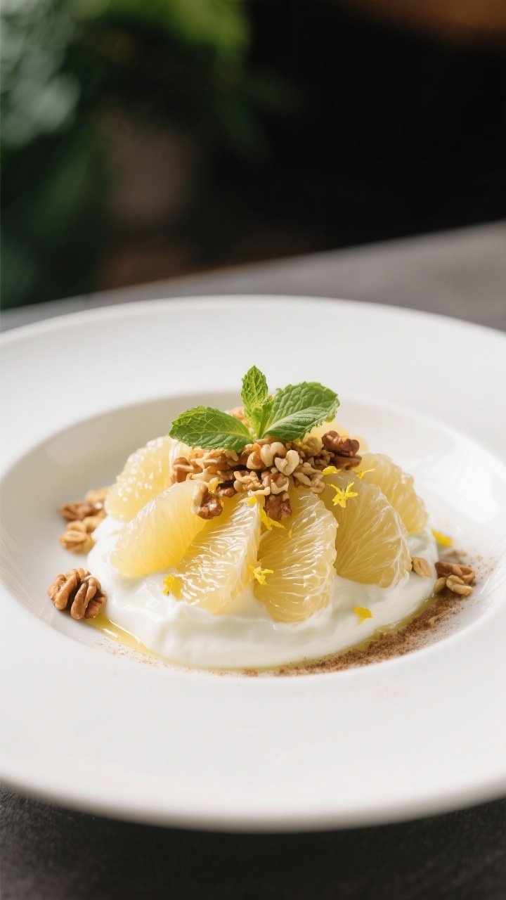 Final dish presentation: Restaurant-quality plated Pomelo Yogurt Segments on a wide, matte white pla