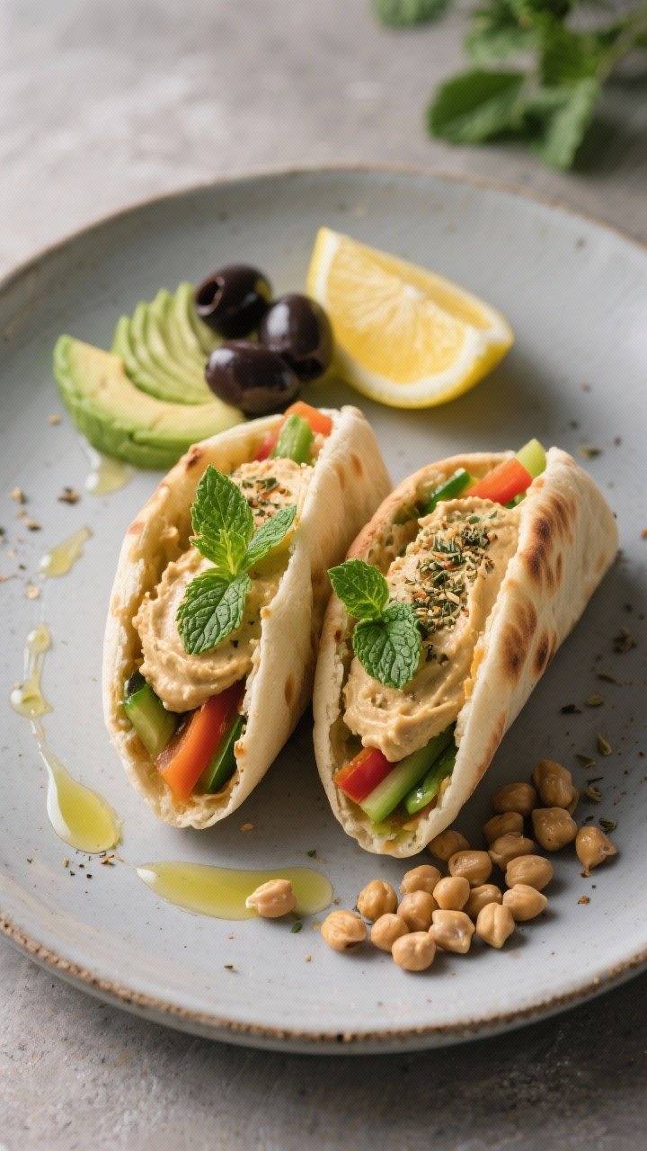 Final dish presentation: Restaurant-quality plated Hummus & Veggie Pita Pockets—two stuffed halves