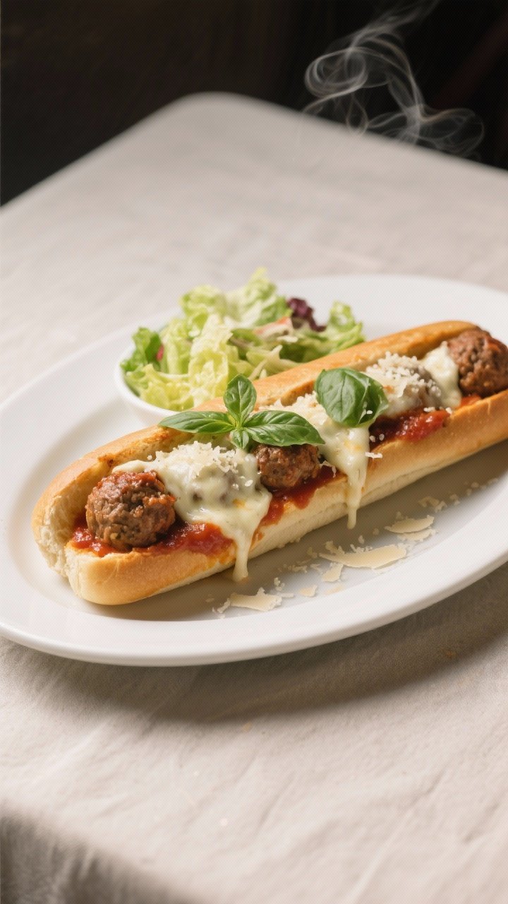 Final dish presentation: Restaurant-quality plated turkey meatball sub on a simple white oval plate,