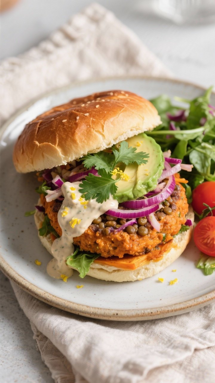 Final dish presentation: Restaurant-quality plated sweet potato & lentil burger build—patty tucked