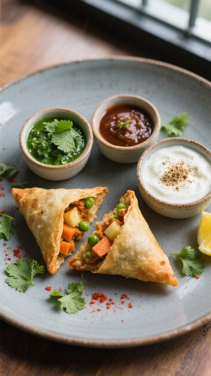 Final dish presentation: Restaurant-quality plated samosa trio on a matte ceramic plate, arranged wi