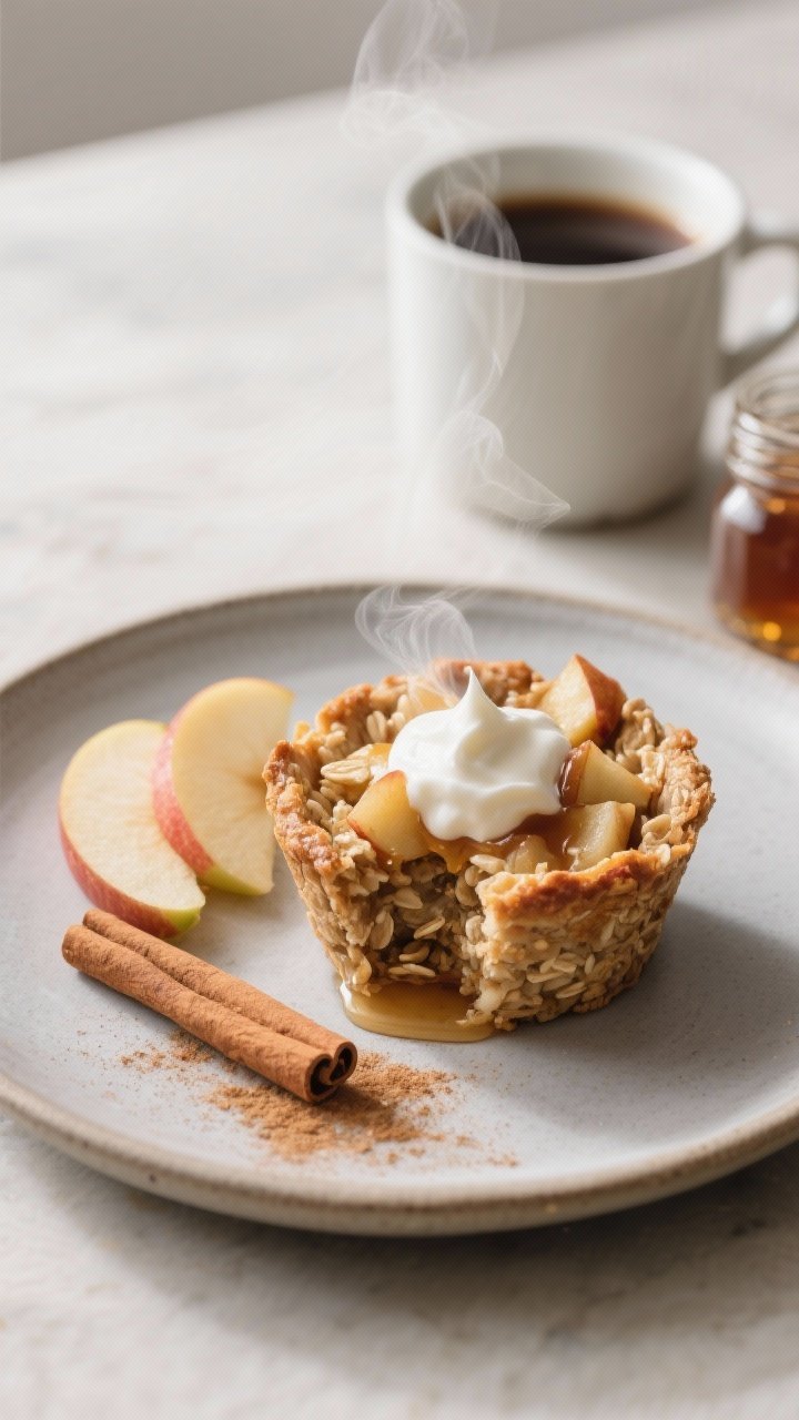 Final dish presentation: Restaurant-quality plated Apple-Cinnamon Oatmeal Cups served warm with a do