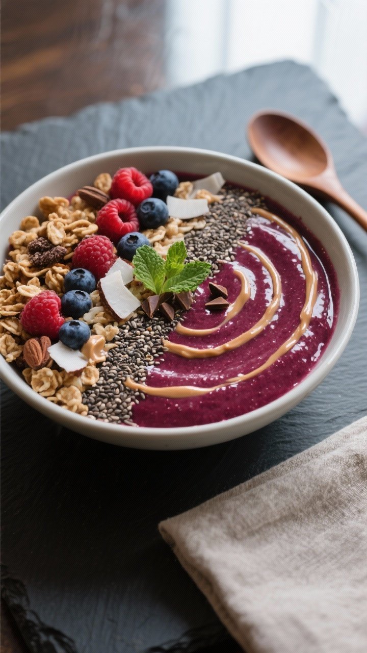 Final dish presentation: Restaurant-quality plated Power Smoothie Bowl — Berry Blast on a dark sla