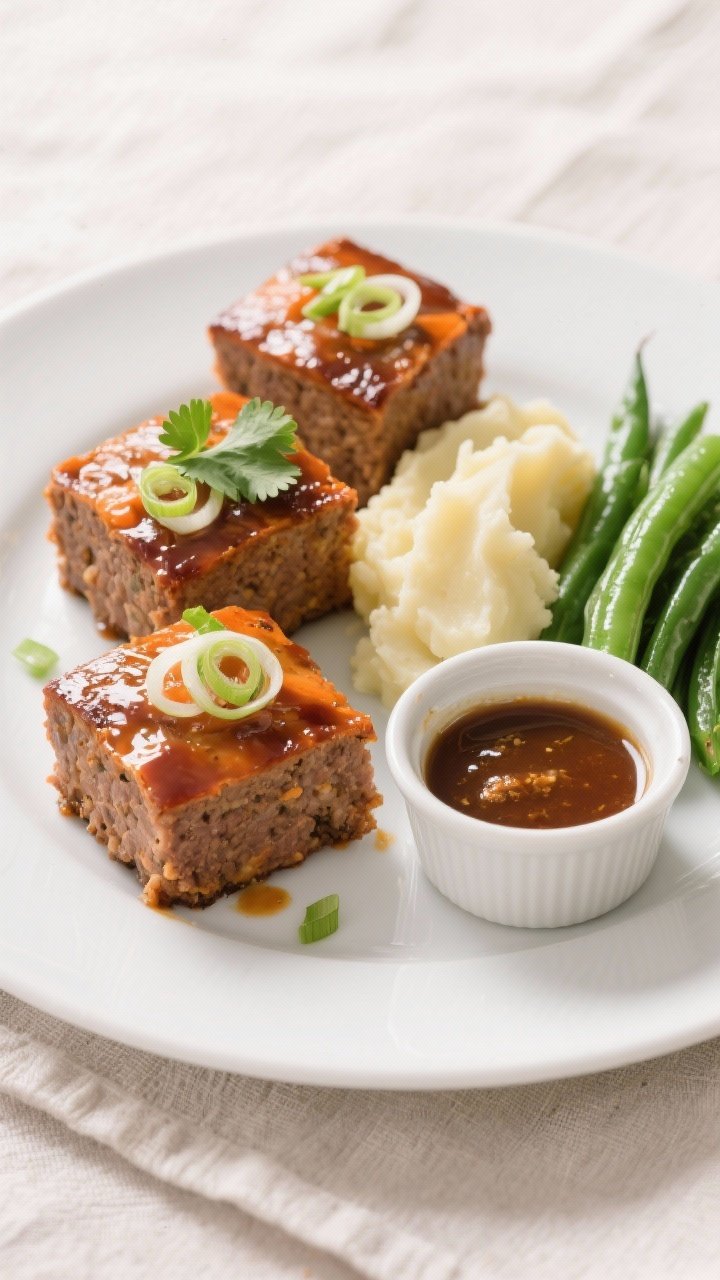 Final dish presentation: Restaurant-quality plated Carrot-Ginger Meatloaf Minis (three pieces) stack