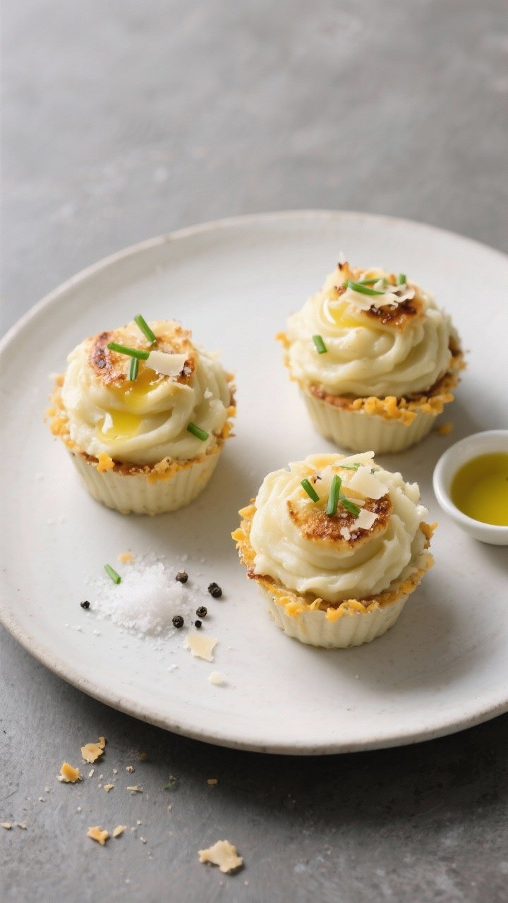 Final dish presentation: Restaurant-quality plated trio of mash cups on a matte white plate, each ge