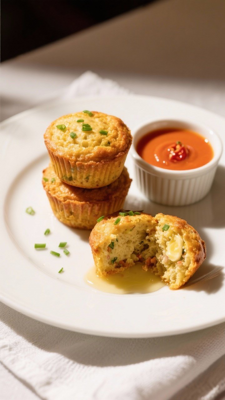 Final dish presentation: Restaurant-quality plated savory muffins—three golden muffins stacked on 