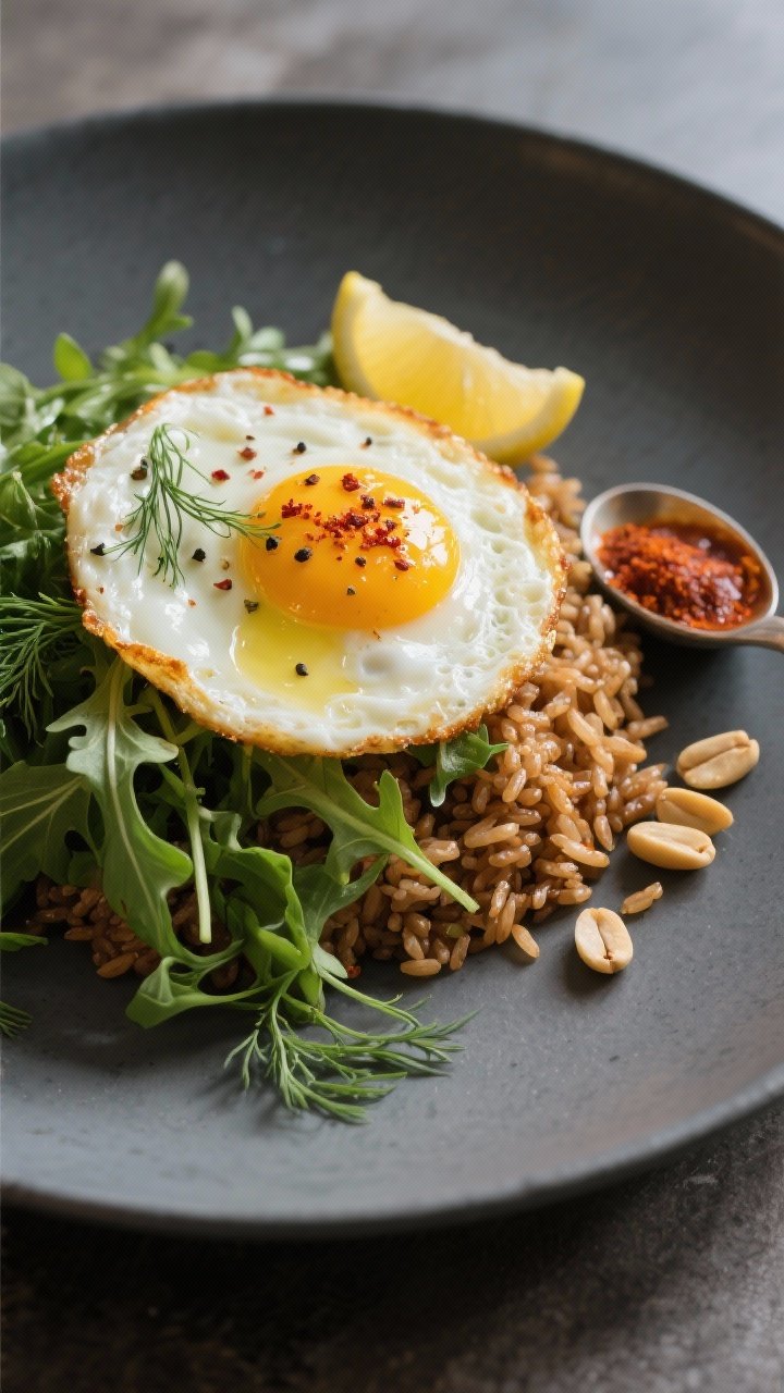 Final dish presentation: Restaurant-quality plated version with brown rice base, arugula left raw fo