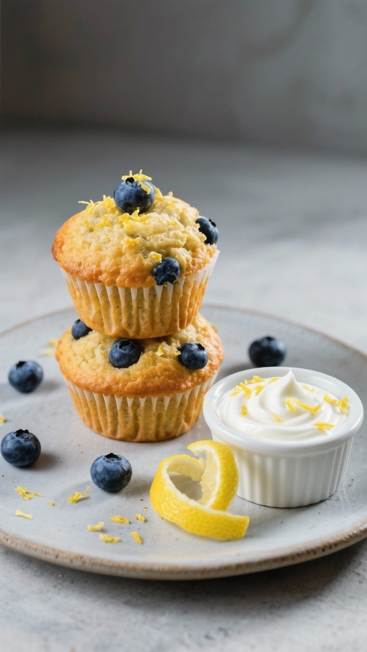Final dish presentation: Restaurant-quality plated blueberry lemon protein muffins stacked two-high