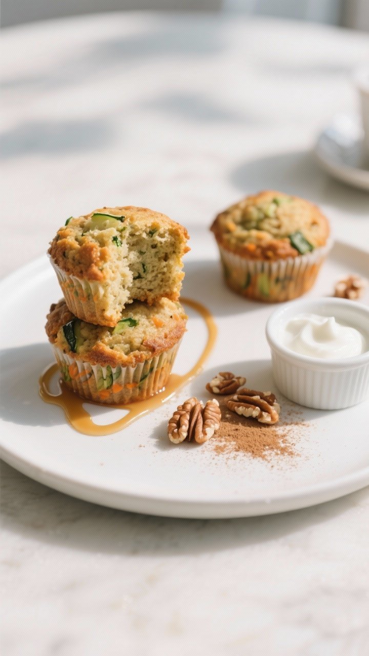 Final dish presentation: Restaurant-quality plated trio of zucchini carrot protein muffins on a matt