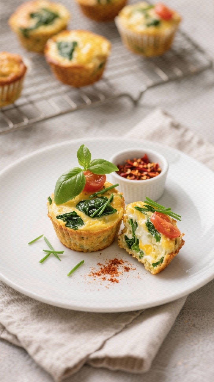 Final dish presentation: Restaurant-quality plated veggie egg muffins (two stacked, one halved to sh