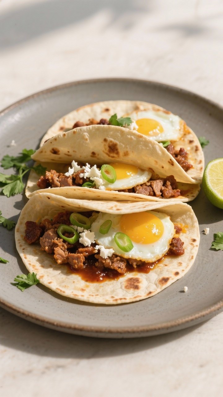 Final dish presentation: Restaurant-quality plated trio of turkey chorizo and egg breakfast tacos ar