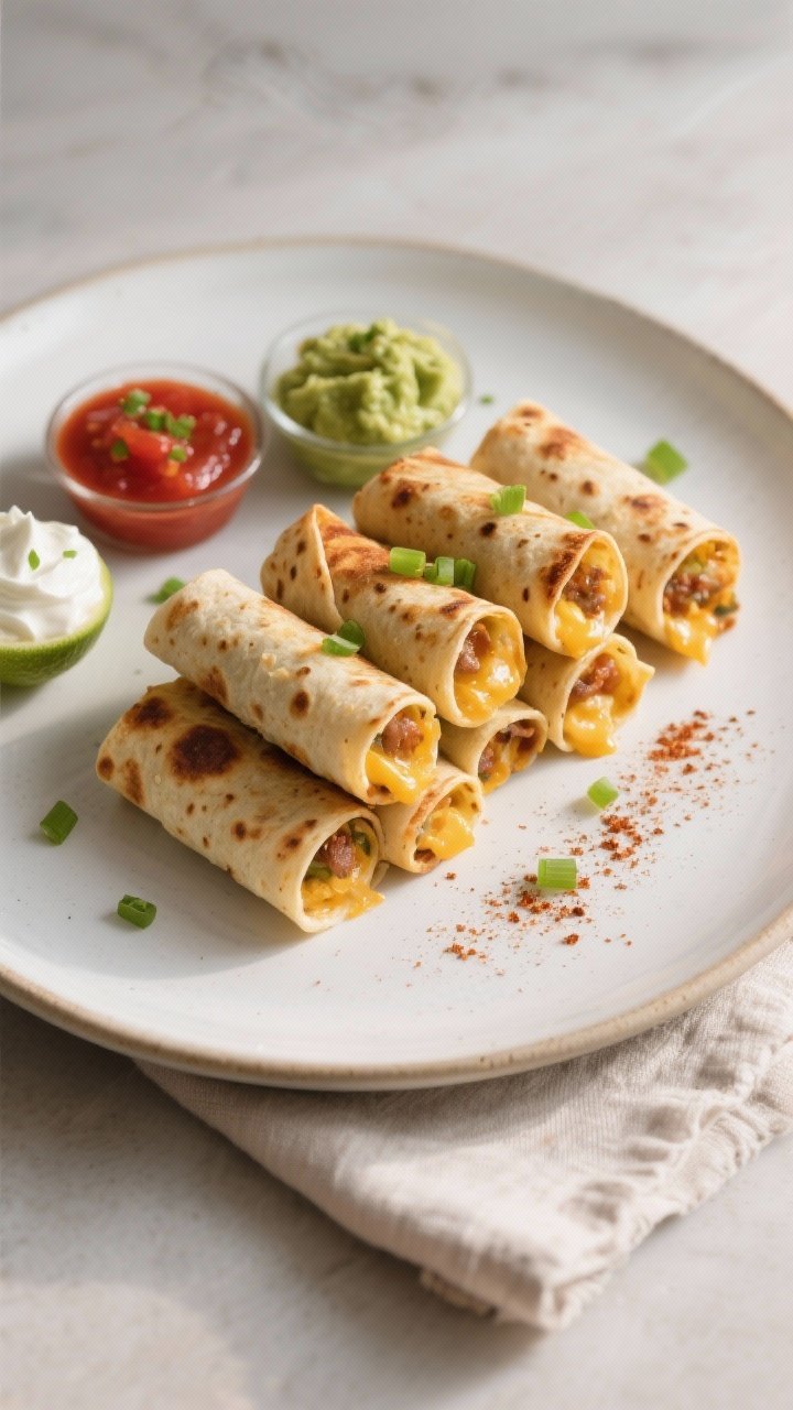 Final dish presentation: Restaurant-quality plated stack of baked mini breakfast taquitos, arranged 