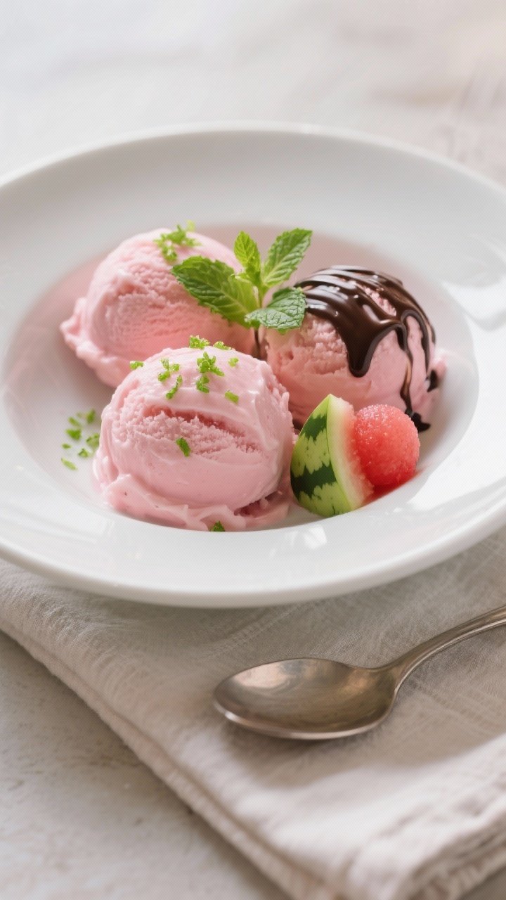 Final dish presentation: Restaurant-quality plating of scoopable Watermelon Yogurt Freeze—three ro