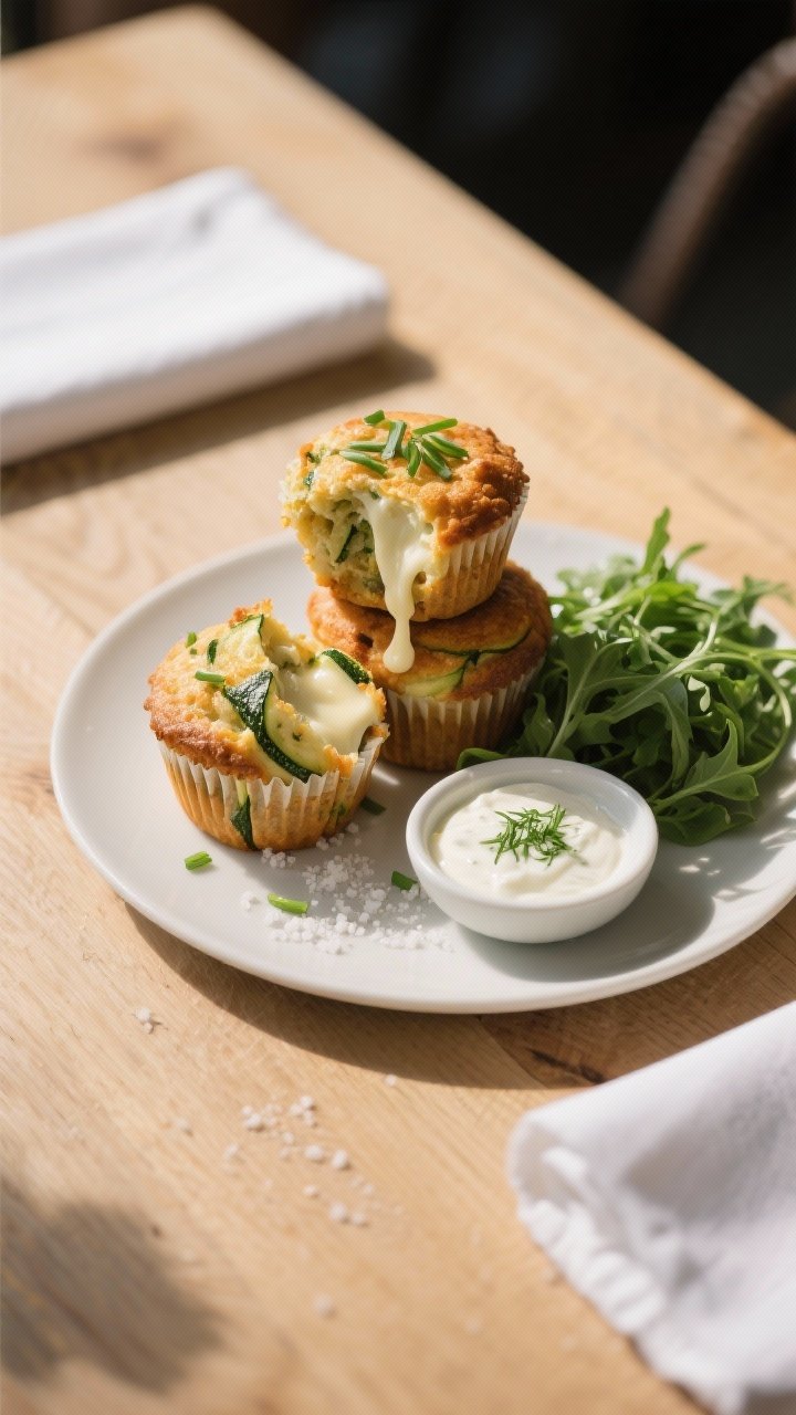 Final dish presentation: Restaurant-quality plating of warm zucchini & cheese muffins stacked casual